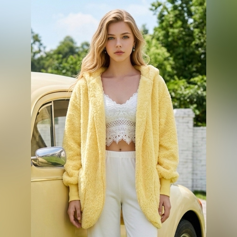 Plush Hooded Teddy Coat in Bright Yellow